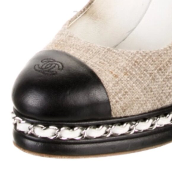 CHANEL 2015 Interlocking CC Logo Pumps Tan Black Toe Cap Heels - Picture 3 of 9